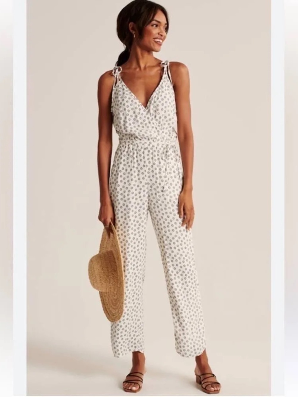 Abercrombie and Fitch Jumpsuit black with white polka dots tie front size medium
